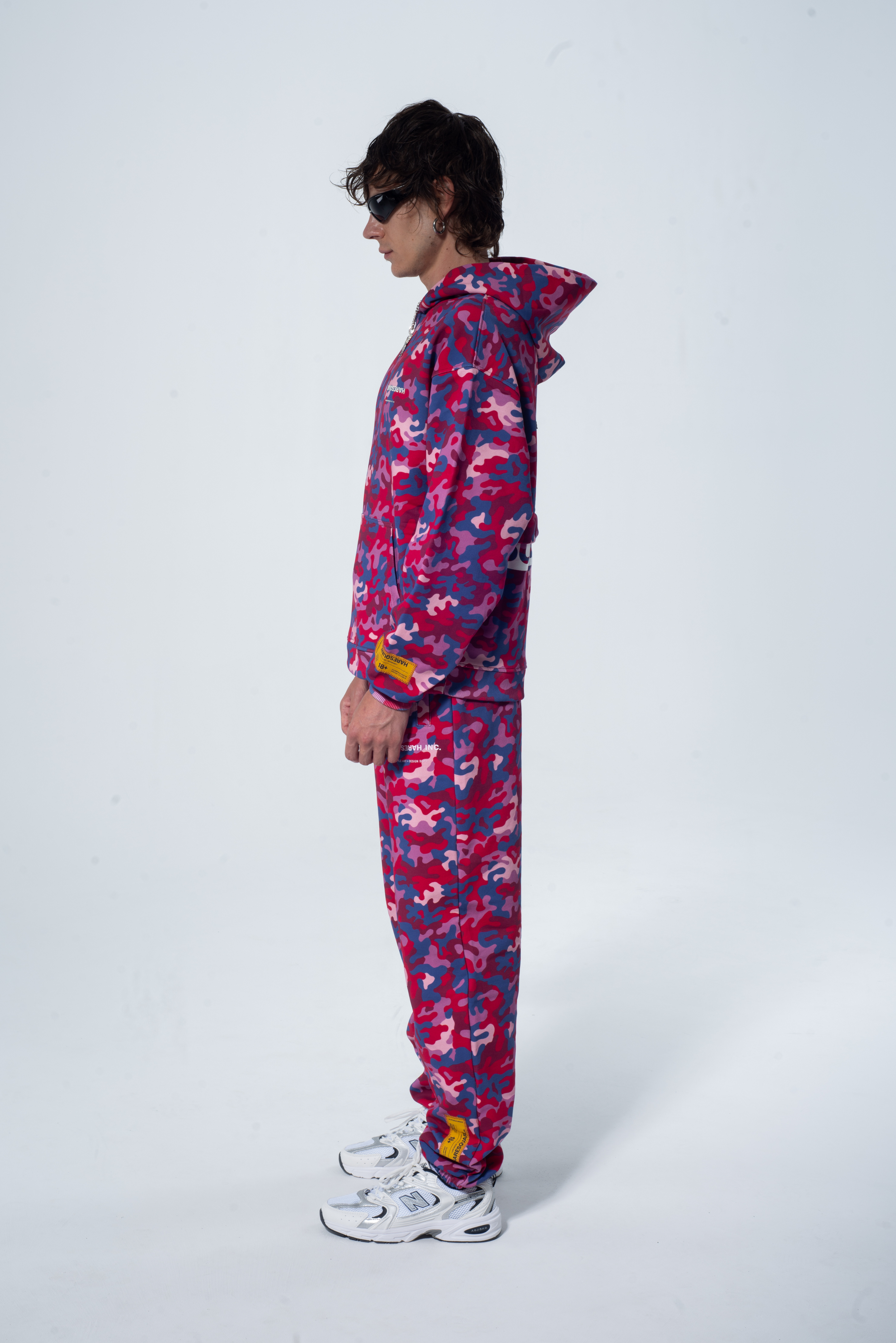 Model in the Haresquare Pink Camouflage Tracksuit – unisex luxury streetwear from Ireland.