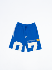 Close-up of Haresquare black shorts with a white print – unisex luxury streetwear from Ireland.